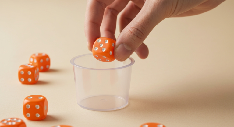 A hand rolling miniature dice from a compact Yahtzee cup onto a score pad, showcasing the portable nature of the game.