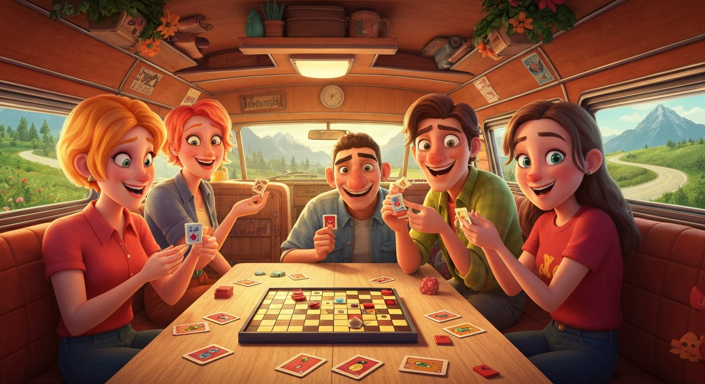 Happy family and friends playing a Travel Yahtzee game together inside a car during a road trip, laughing and having fun.