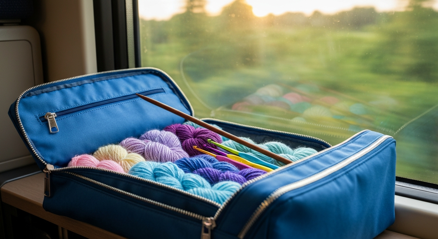 Open travel yarn holder bag showing organized yarn and crafting tools in a travel setting. Open travel yarn holder bag showing organized yarn and crafting tools in a travel setting.