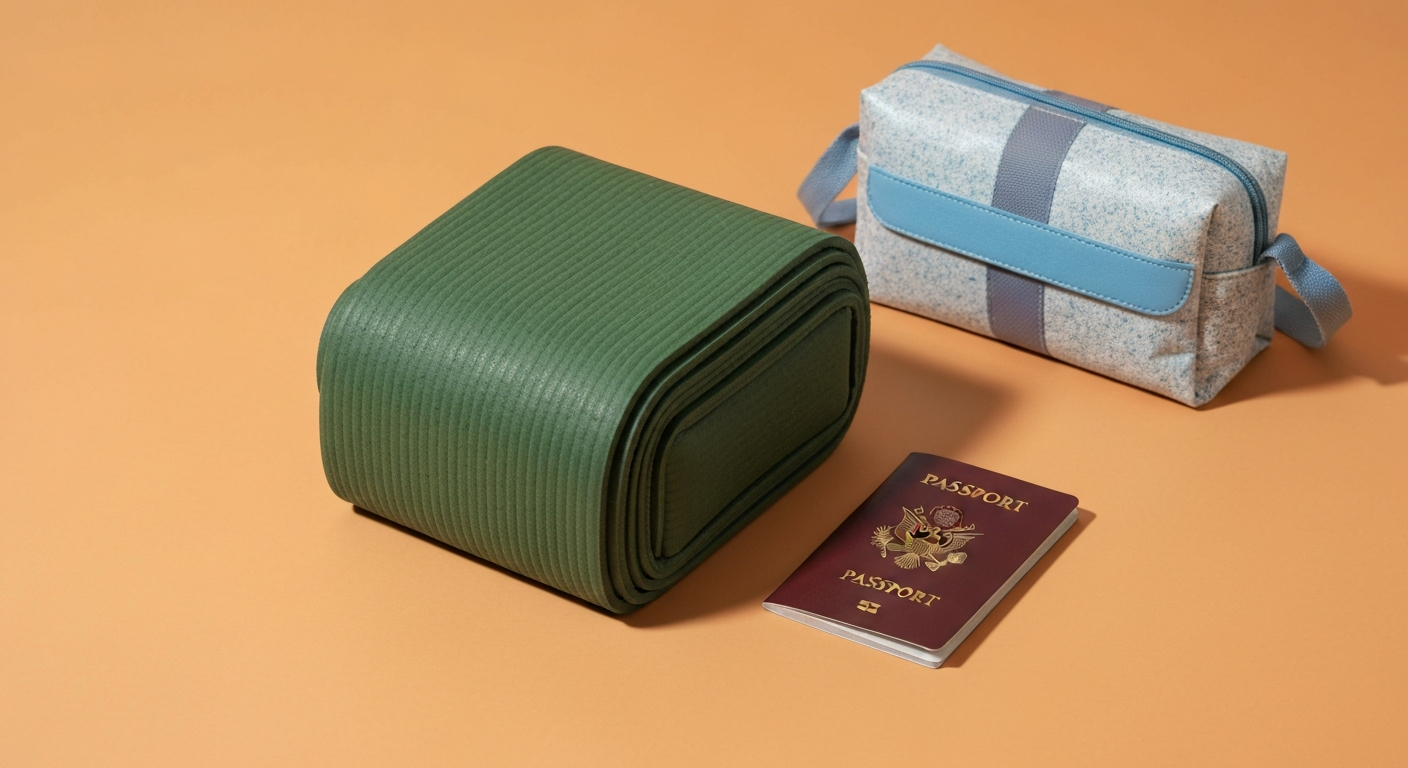 Foldable travel yoga mat neatly folded next to a passport and travel bag, ready for a trip Foldable travel yoga mat neatly folded next to a passport and travel bag, ready for a trip