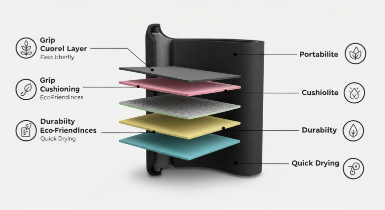 Infographic detailing features of a foldable travel yoga mat, showing grip, cushioning, and portability