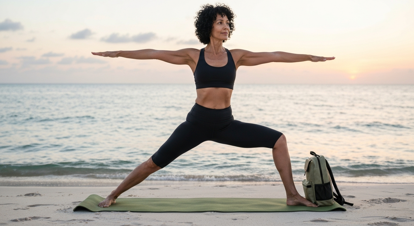 A person practicing yoga on a travel mat on a beach, illustrating portable wellness during travel. A person practicing yoga on a travel mat on a beach, illustrating portable wellness during travel.