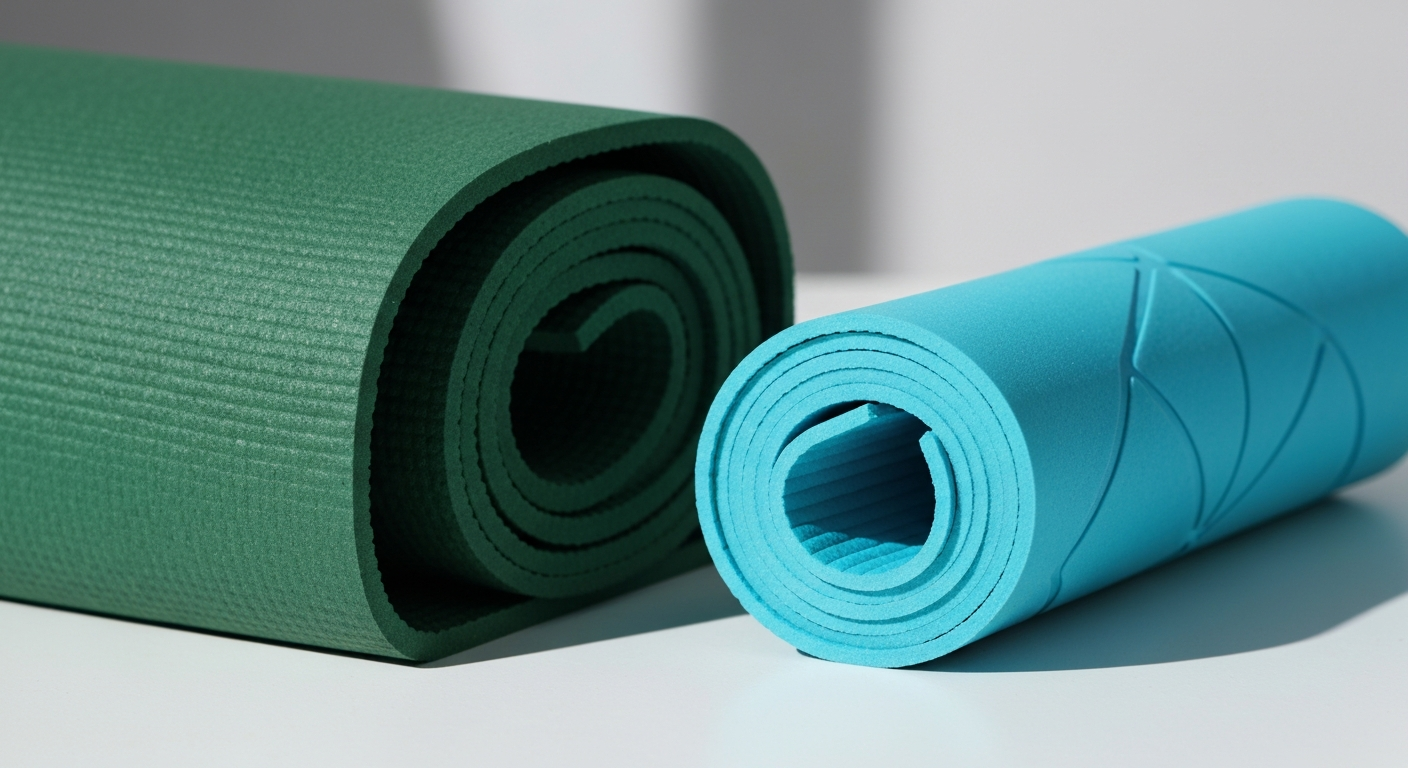Folded and rolled travel yoga mats side-by-side, showcasing different compact packing options. Folded and rolled travel yoga mats side-by-side, showcasing different compact packing options.