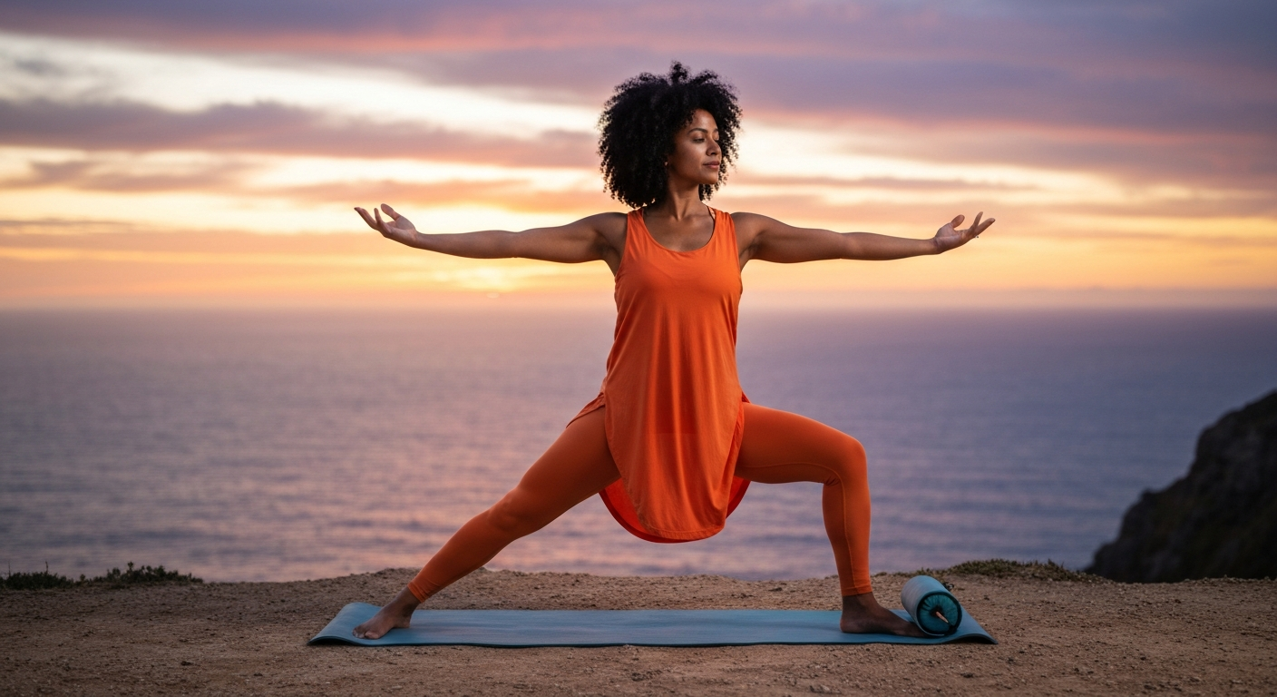 A woman in a yoga pose on a cliff by the ocean at sunset, embodying a travel yogi's peace and adventure. A woman in a yoga pose on a cliff by the ocean at sunset, embodying a travel yogi's peace and adventure.
