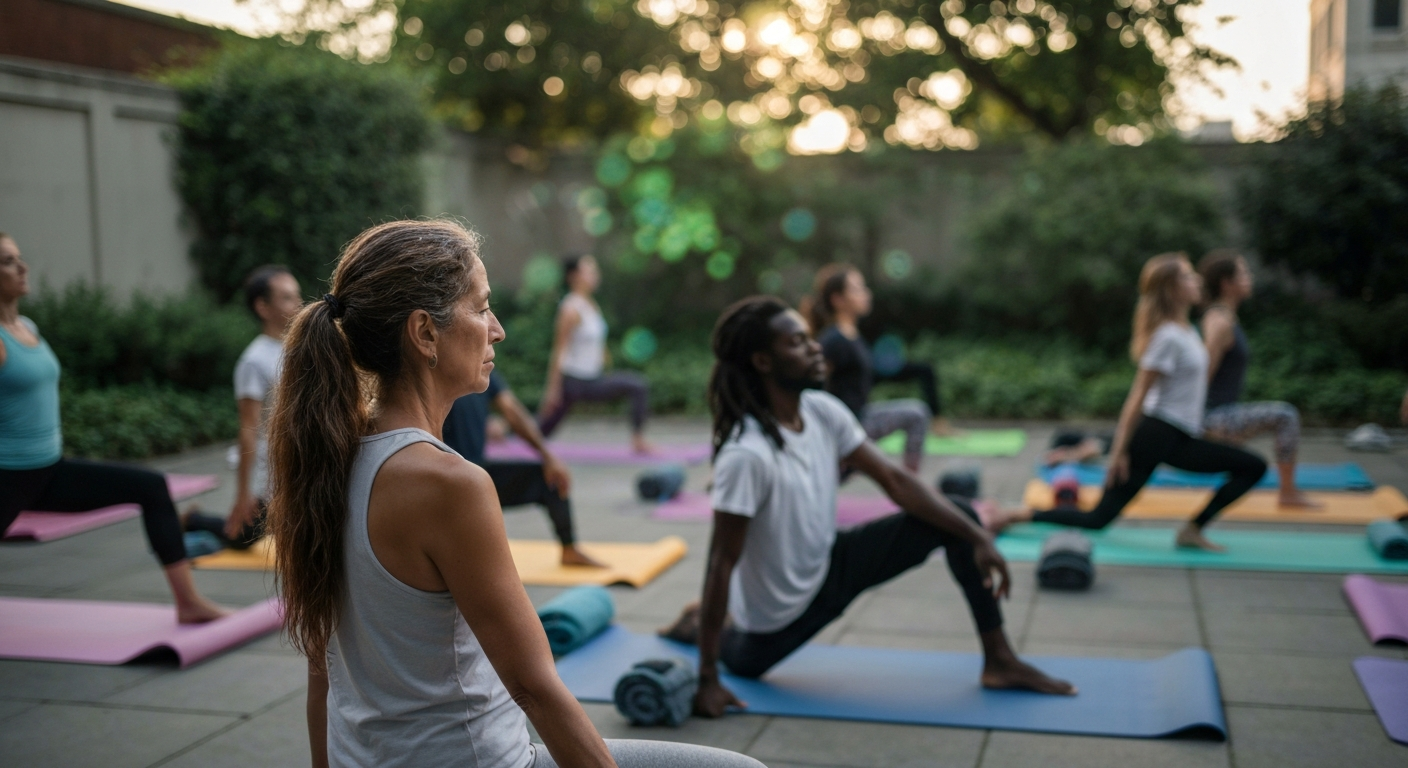 Diverse individuals practicing yoga together outdoors, showing community and global connection in a travel yogi context. Diverse individuals practicing yoga together outdoors, showing community and global connection in a travel yogi context.