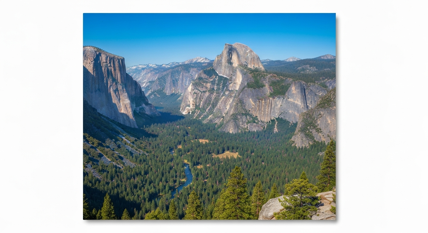 Panoramic view of Yosemite Valley with El Capitan and Half Dome Panoramic view of Yosemite Valley with El Capitan and Half Dome