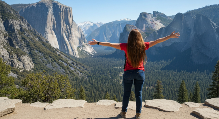 Person admiring Yosemite landscape from a scenic overlook