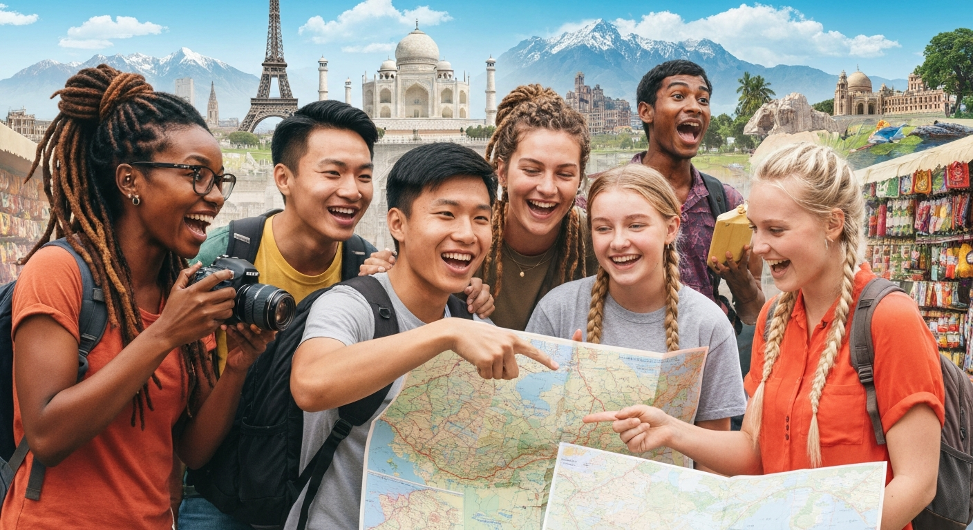 Diverse group of enthusiastic travel YouTubers showcasing global adventures and community interaction.
