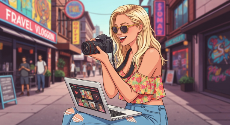 Infographic showing a travel vlogger's journey: filming, editing, and global audience reach with travel icons.