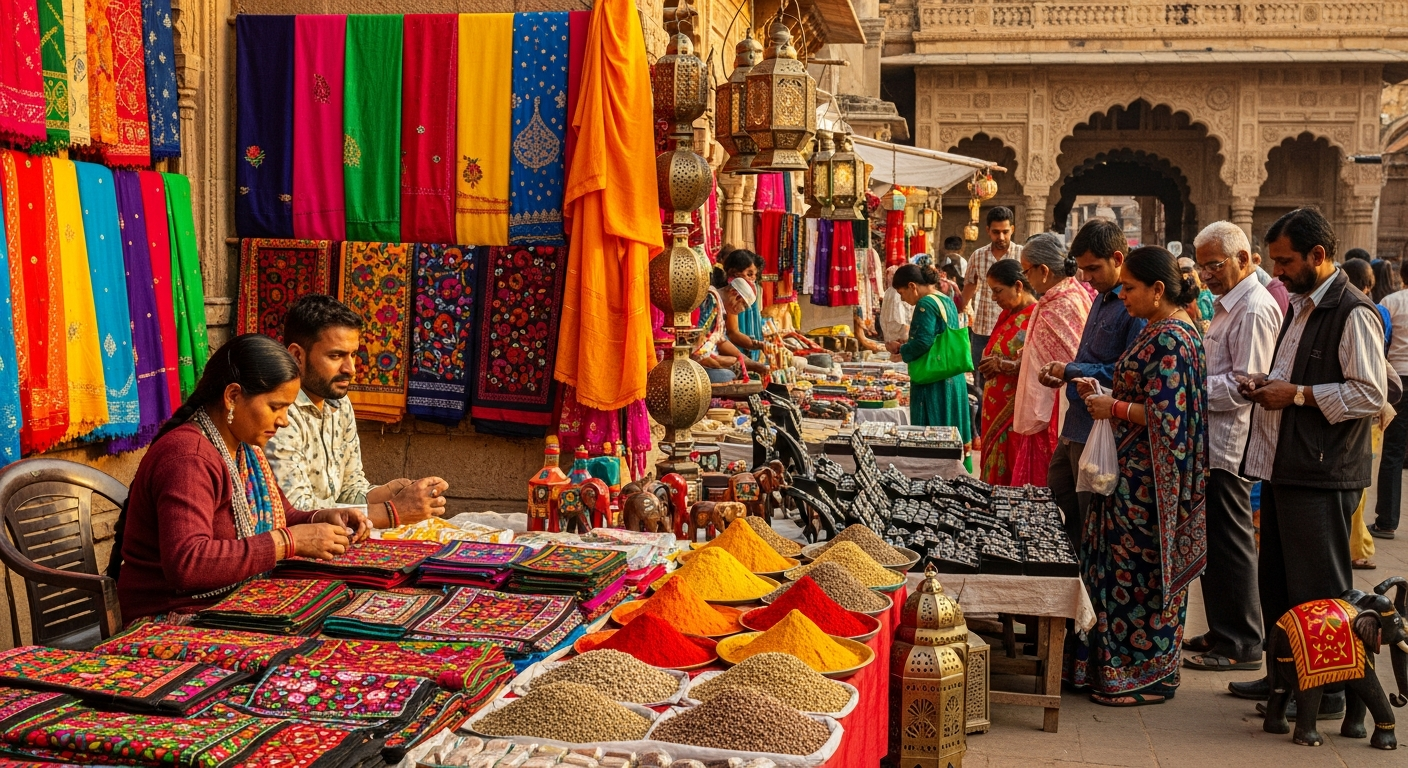 A lively street market in Dewas filled with local vendors, colorful products, and shoppers, showcasing the city's vibrant daily life.