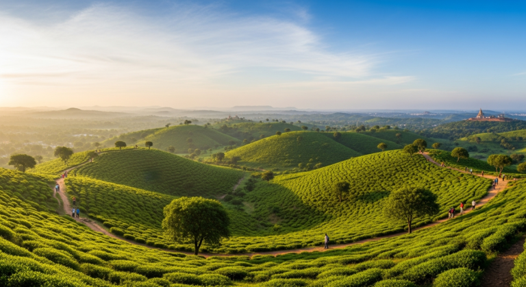 A scenic view of the Kavadia Hills in Dewas, depicting green slopes, walking trails, and a peaceful natural environment.