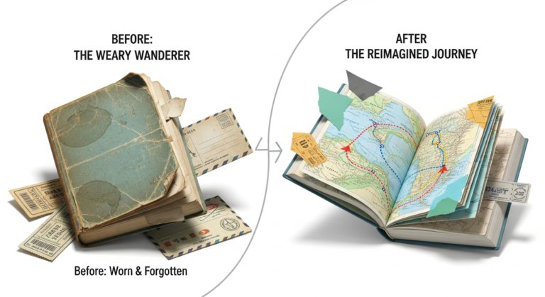 A conceptual illustration depicting a damaged travel guide transforming into a vibrant collage of maps and memories, representing the process of repair and creative repurposing.