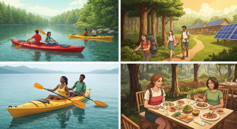 Diverse travelers engaged in sustainable outdoor activities