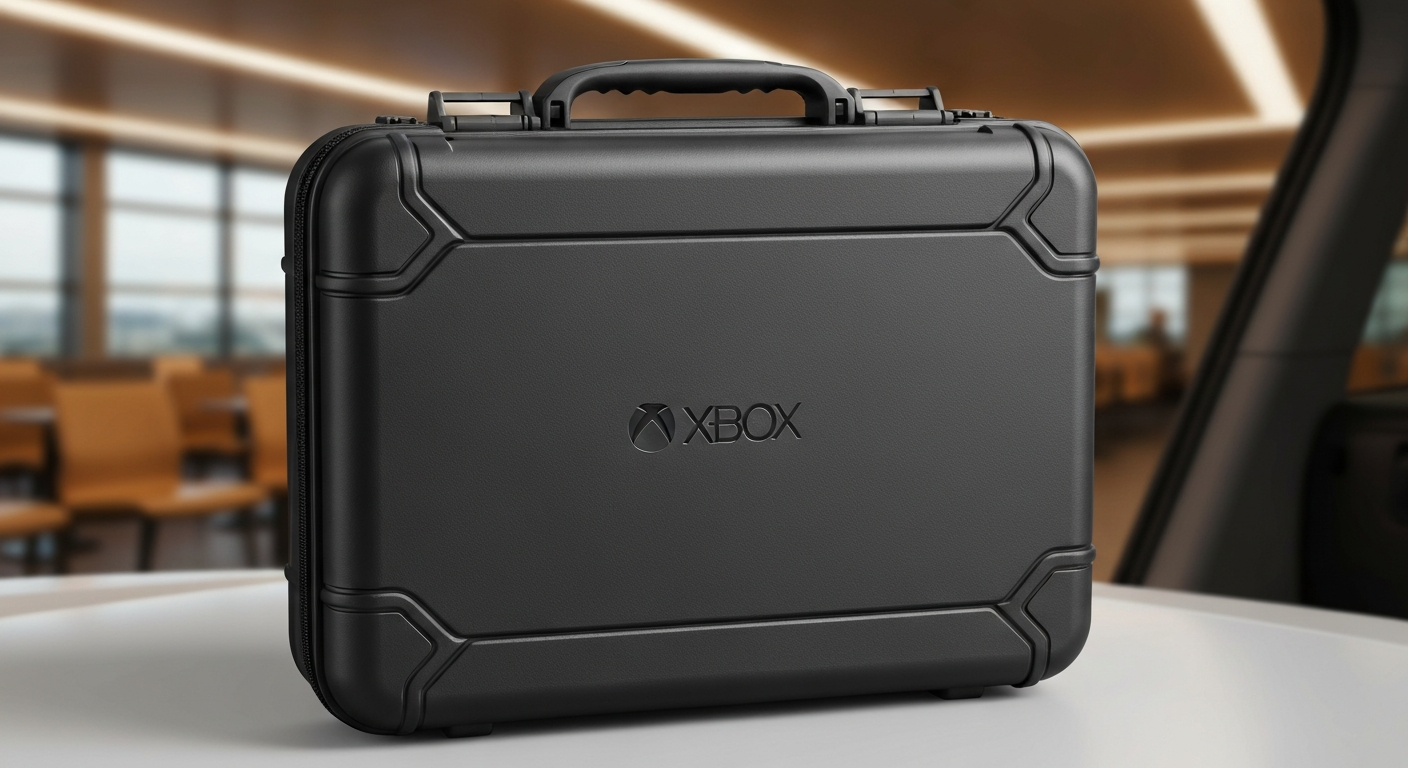 Rugged hard-shell travel case for Xbox Series X, closed and ready for transport. Rugged hard-shell travel case for Xbox Series X, closed and ready for transport.