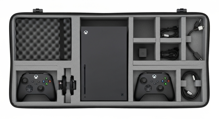 Open Xbox Series X travel case showing custom foam inserts, console, controllers, and organized accessories.