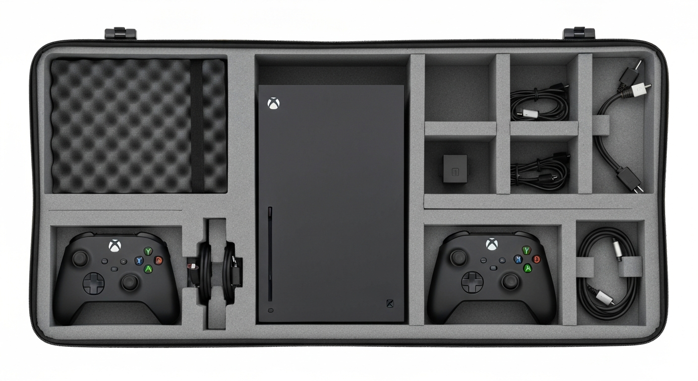 Open Xbox Series X travel case showing custom foam inserts, console, controllers, and organized accessories. Open Xbox Series X travel case showing custom foam inserts, console, controllers, and organized accessories.