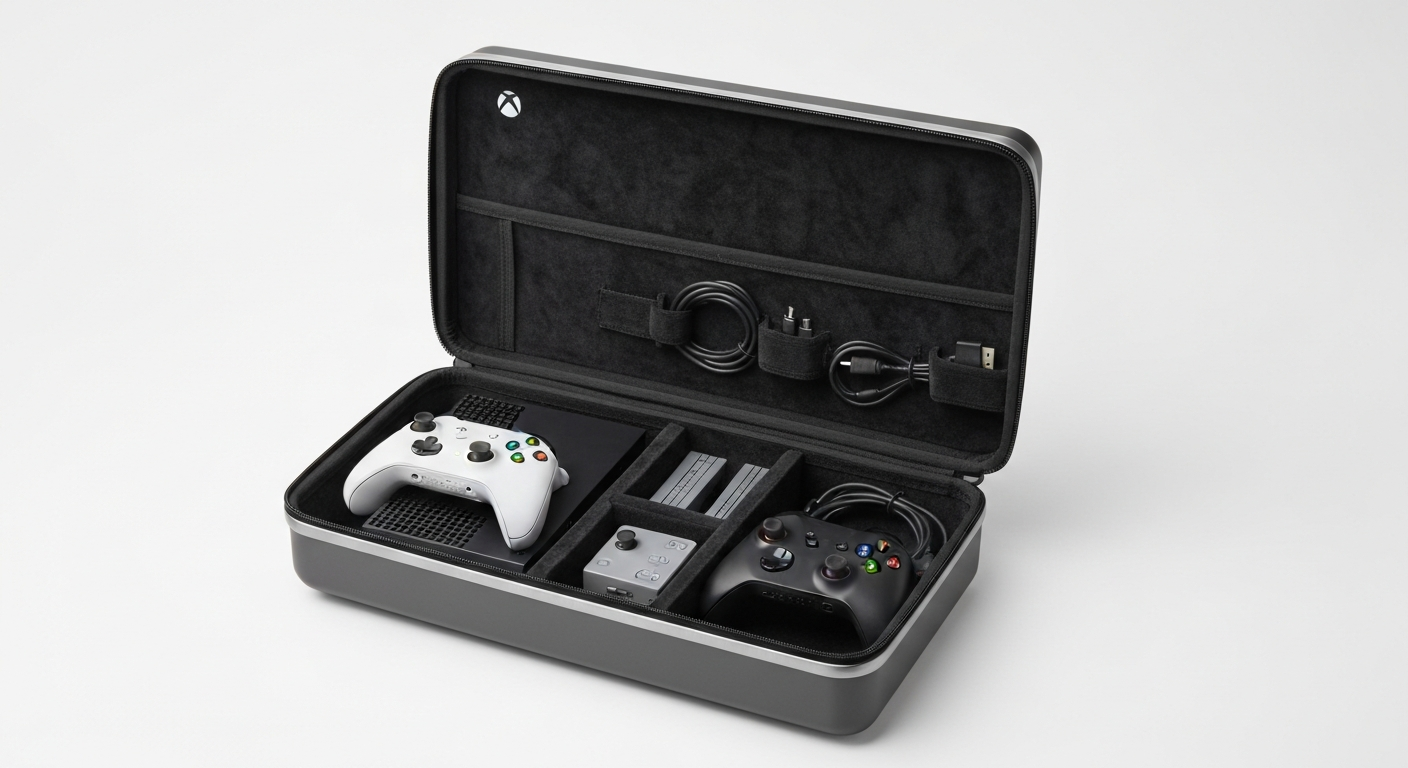 Open hard shell Xbox travel case showing an Xbox console, controllers, and accessories neatly organized in custom foam cutouts.