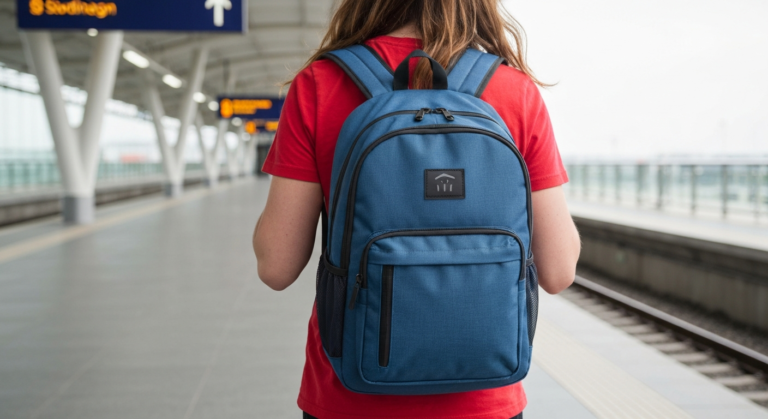 Person carrying a stylish, soft sided Xbox travel bag or backpack in a travel setting, highlighting its portability and ergonomic design.