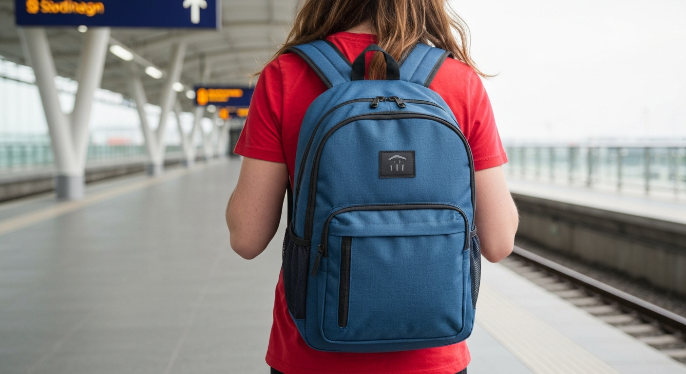 Person carrying a stylish, soft sided Xbox travel bag or backpack in a travel setting, highlighting its portability and ergonomic design.