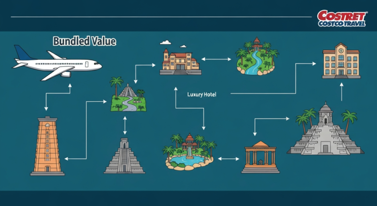 Infographic showing bundled savings for Xcaret vacation packages through Costco Travel