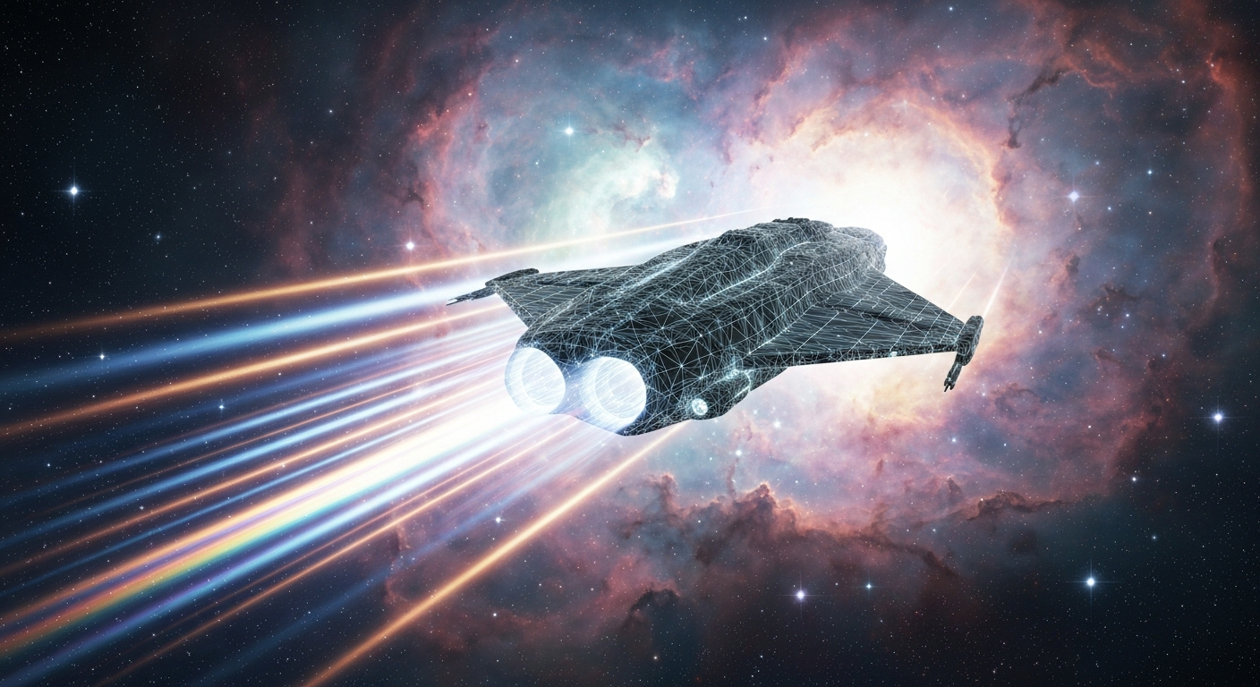 Futuristic starship engaged in interstellar xenos travel, surrounded by a colorful nebula. Futuristic starship engaged in interstellar xenos travel, surrounded by a colorful nebula.