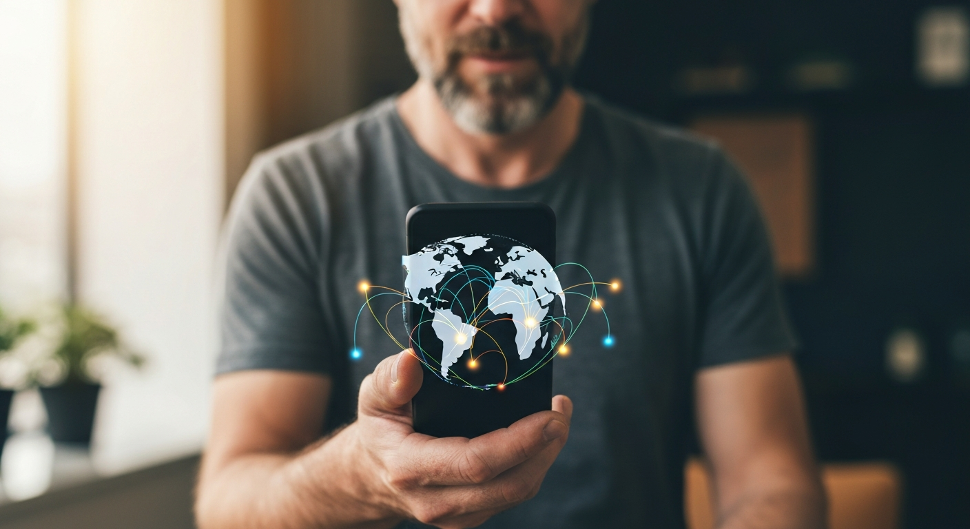 Person using smartphone with global connection lines, symbolizing Xfinity Global Travel Pass for international travel.