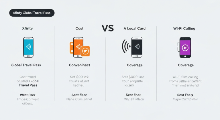 Infographic comparing Xfinity Global Travel Pass, local SIM cards, and Wi-Fi calling for international travel.