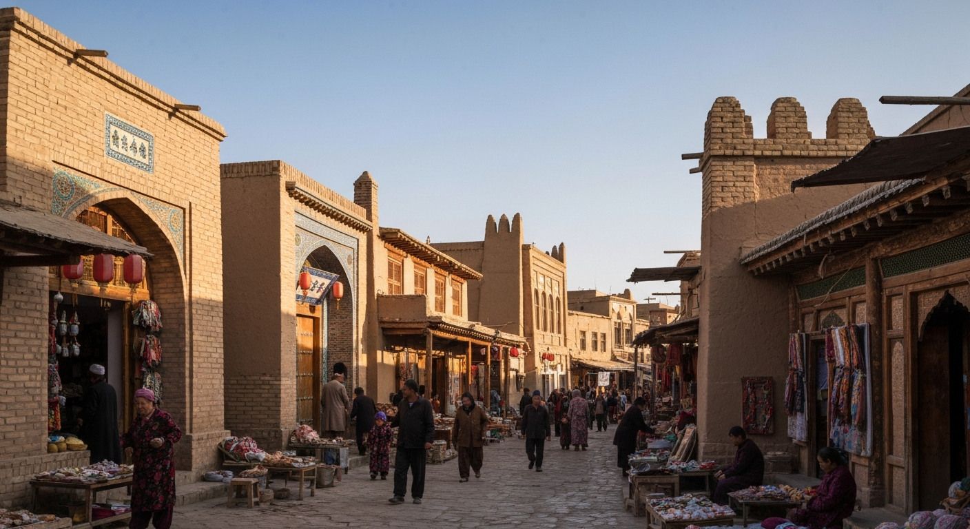 Kashgar Old Town street scene with traditional Uyghur architecture and local activity.