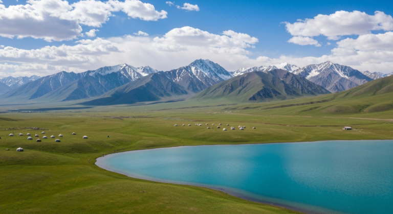Panoramic view of Xinjiang's diverse landscape with mountains, a lake, and grasslands.