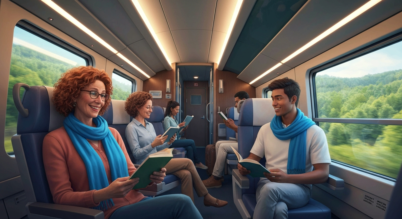 Diverse travelers comfortably enjoying a spacious train journey through scenic landscapes Diverse travelers comfortably enjoying a spacious train journey through scenic landscapes