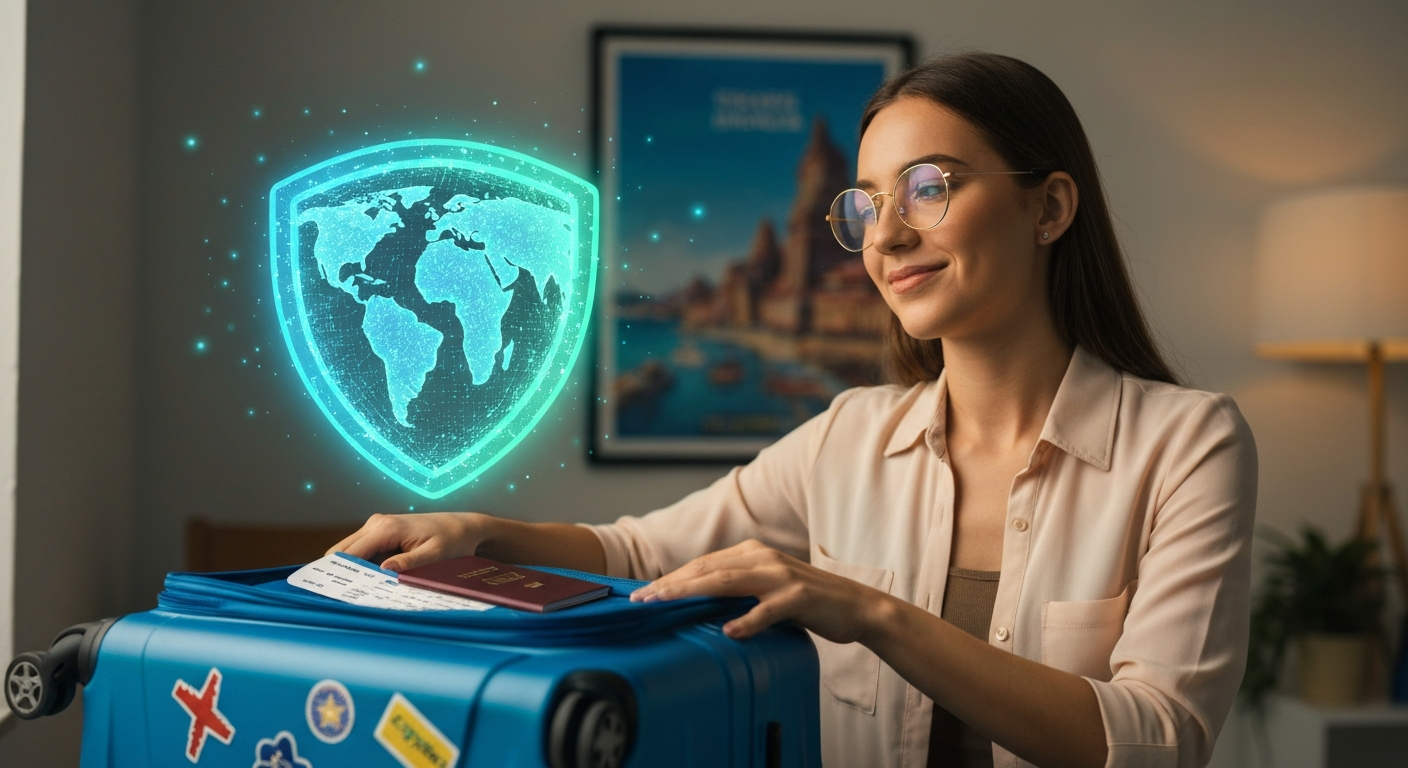 A traveler confidently zipping up a suitcase, with digital elements of a protective shield and global routes, symbolizing the peace of mind and security offered by a yearly travel insurance policy. A traveler confidently zipping up a suitcase, with digital elements of a protective shield and global routes, symbolizing the peace of mind and security offered by a yearly travel insurance policy.