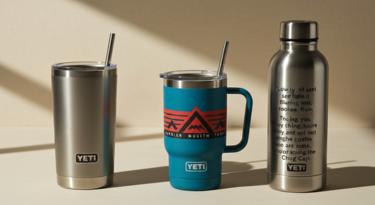 Collection of various YETI travel mugs, including tumblers, mugs, and bottles, in different colors and sizes, highlighting product diversity.