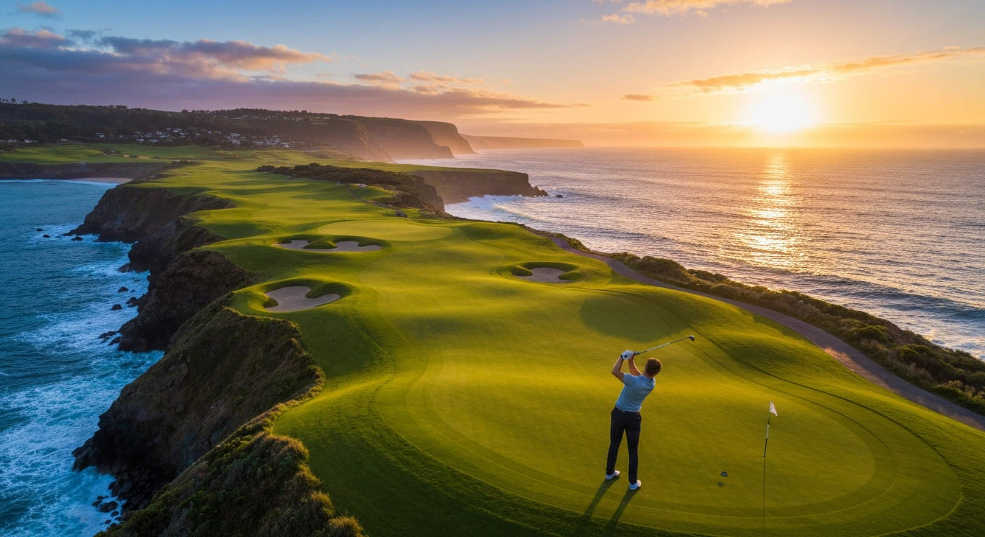 Coastal golf course at sunset with a silhouetted golfer, representing the ultimate golf travel experience. Coastal golf course at sunset with a silhouetted golfer, representing the ultimate golf travel experience.