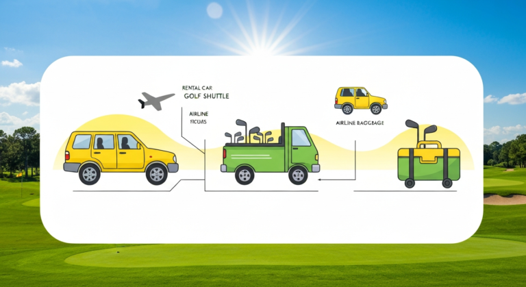 Infographic detailing golf club transportation options for travel, including car rental, shuttle, and airline baggage.