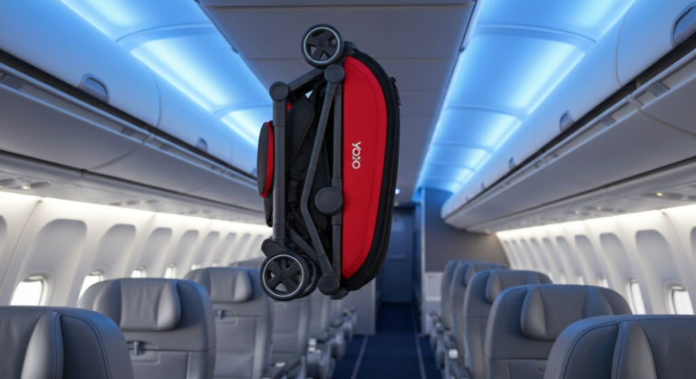 Compact YOYO travel stroller folded for easy storage in an airplane overhead bin, highlighting its travel-friendly design.