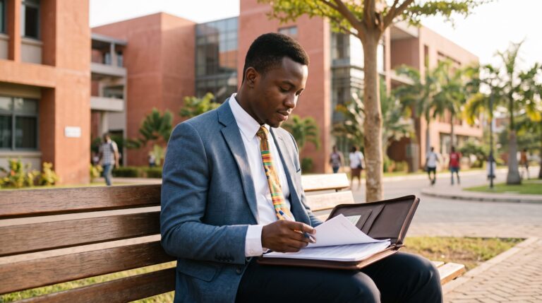 Ghanaian professional reviewing documents before a US visa interview at the Accra embassy