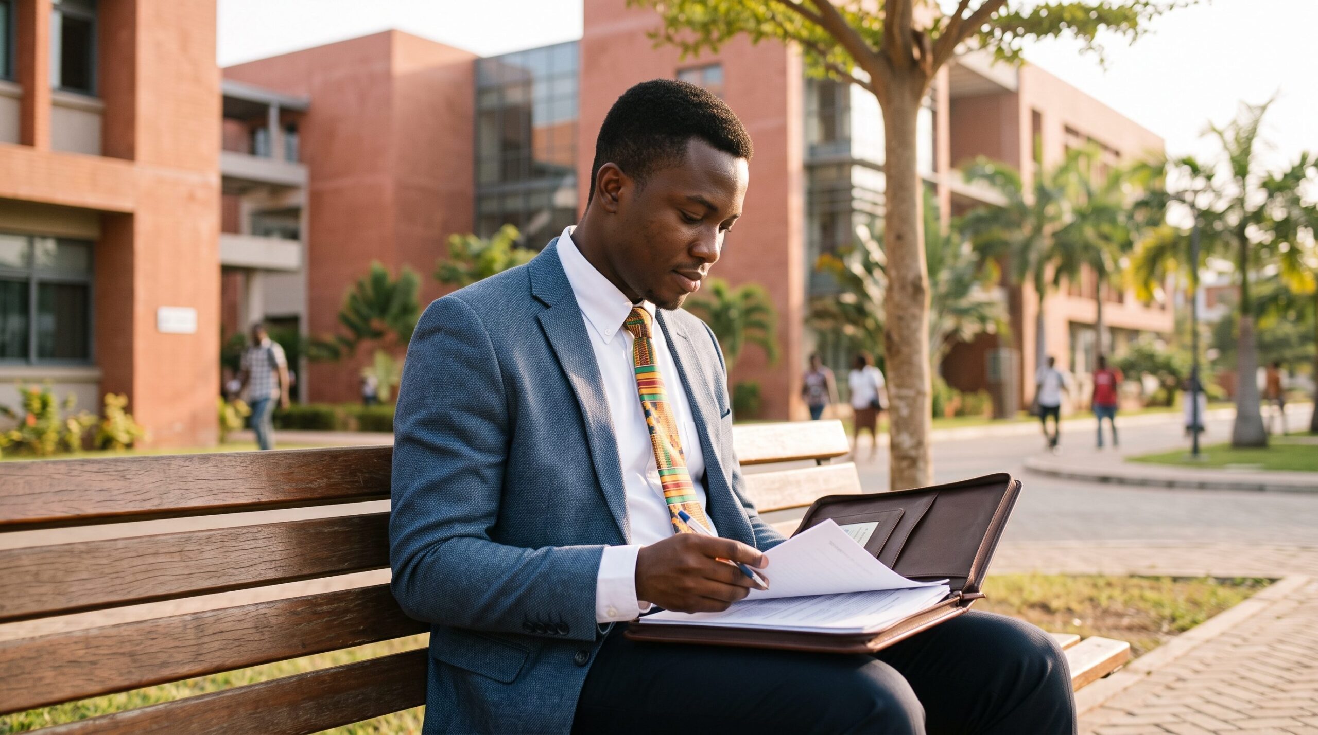 Ghanaian professional reviewing documents before a US visa interview at the Accra embassy