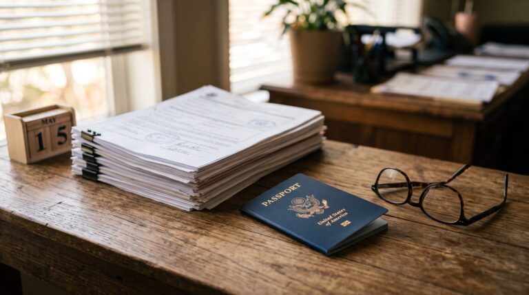 US passport with immigration paperwork and a desk calendar, representing August 2026 Visa Bulletin priority dates