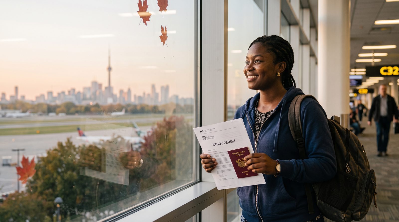 Ghanaian student at an airport window with acceptance letter and the Toronto skyline beyond