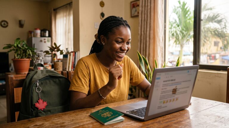Nigerian student with acceptance letter on laptop and maple leaf keychain preparing a Canada application