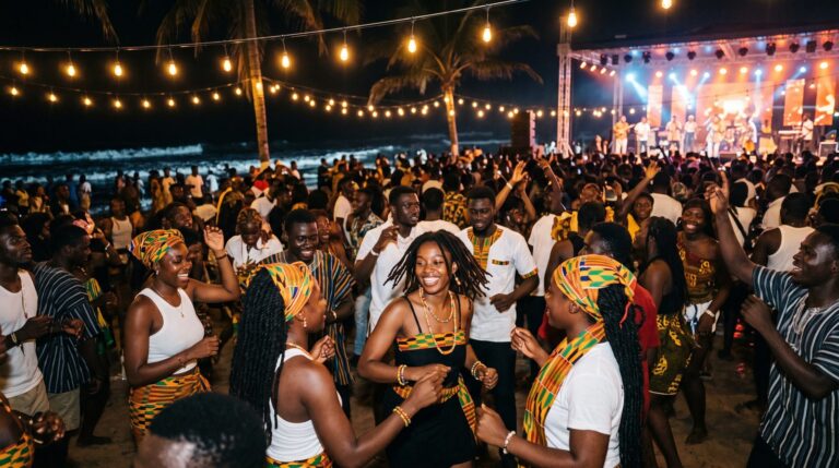 Nighttime December beach festival crowd dancing under lights in Accra Ghana