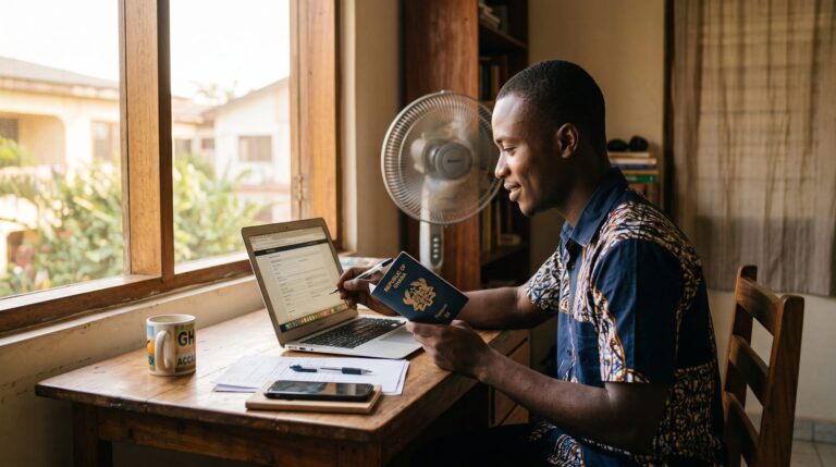 Ghanaian man completing the official DV lottery entry online at home with his passport