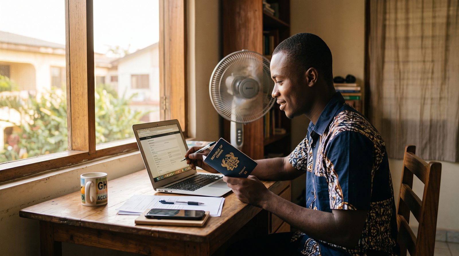 Ghanaian man completing the official DV lottery entry online at home with his passport
