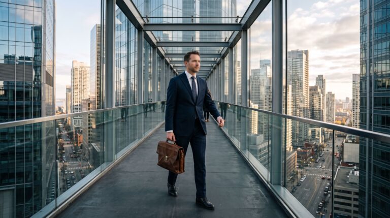 Professional crossing a modern glass skybridge with city skyline, representing the EB-1 extraordinary ability visa