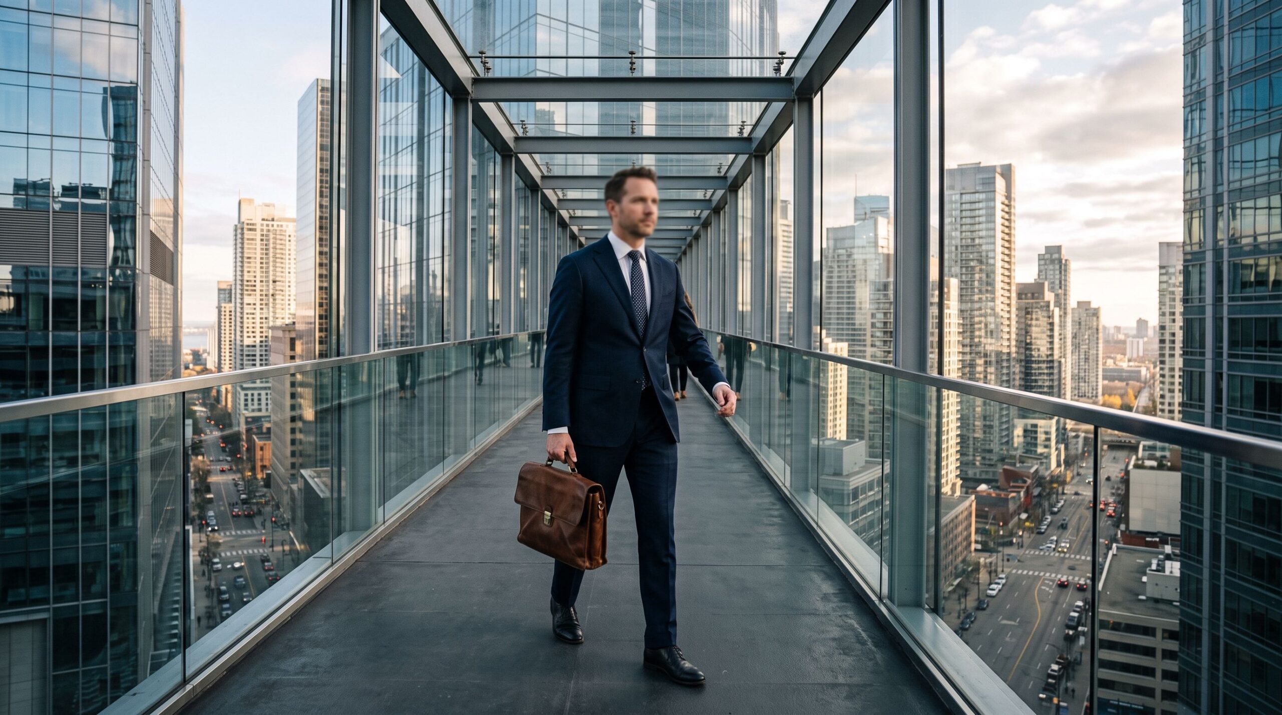 Professional crossing a modern glass skybridge with city skyline, representing the EB-1 extraordinary ability visa