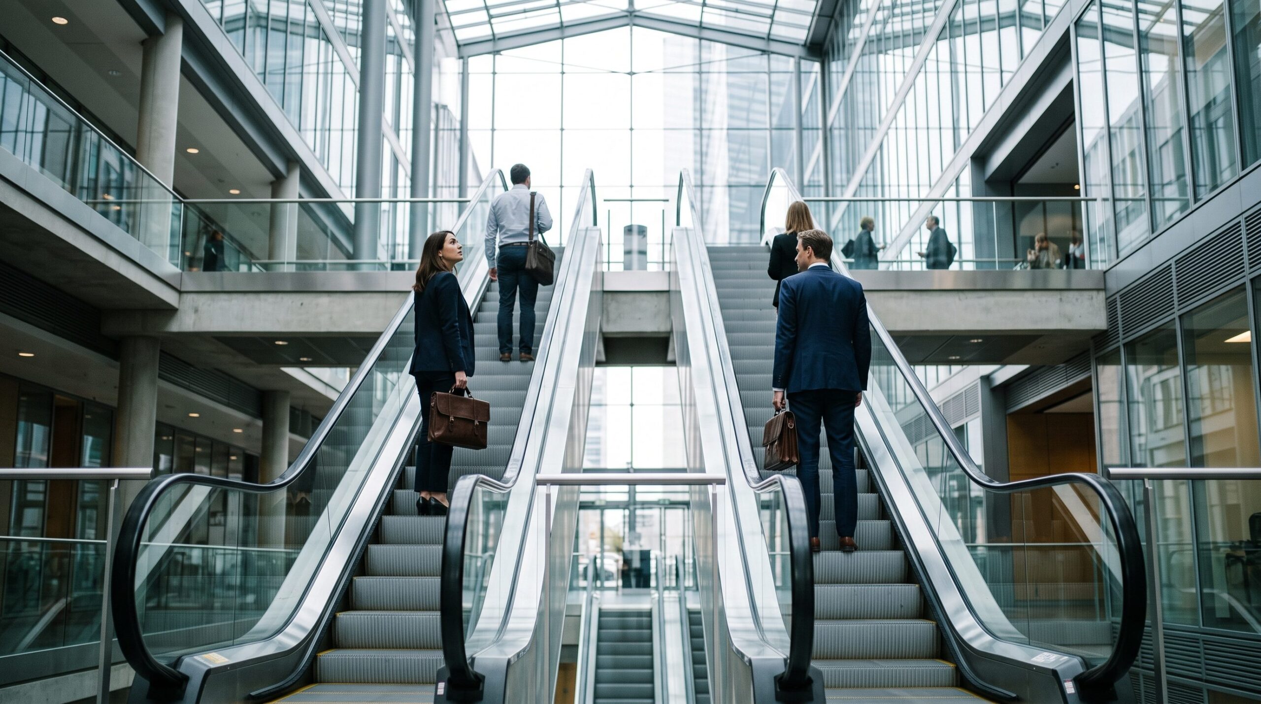 Two parallel escalators in a modern office atrium symbolizing the EB-2 and EB-3 visa tracks