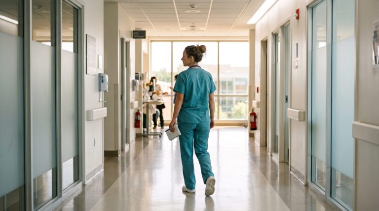 Nurse in scrubs walking down a bright hospital corridor, representing the EB-3 green card path for foreign nurses