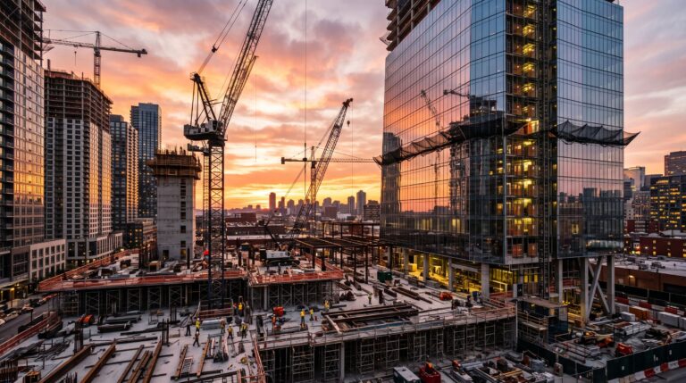 Modern development under construction at golden hour with tower cranes, representing the EB-5 investor visa