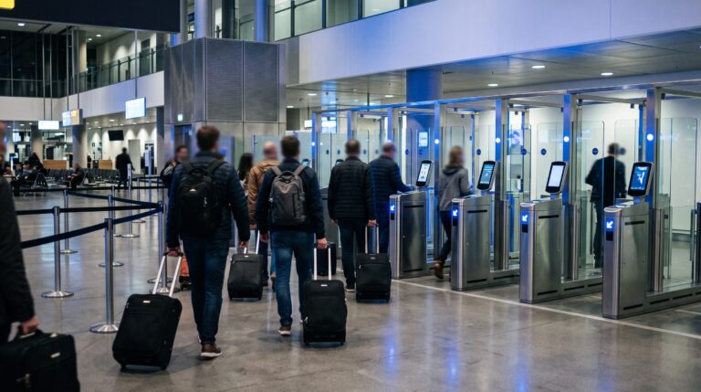 Automated border control e-gates at a European airport, representing the EES system and coming ETIAS authorization