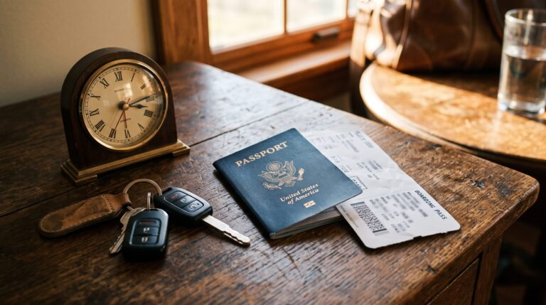 US passport and boarding pass beside a desk clock, representing expedited passport processing